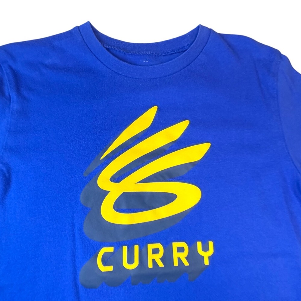 Under Armour Stephen Curry Boys Blue Yellow Graphic T-Shirt HeatGear YLG J10